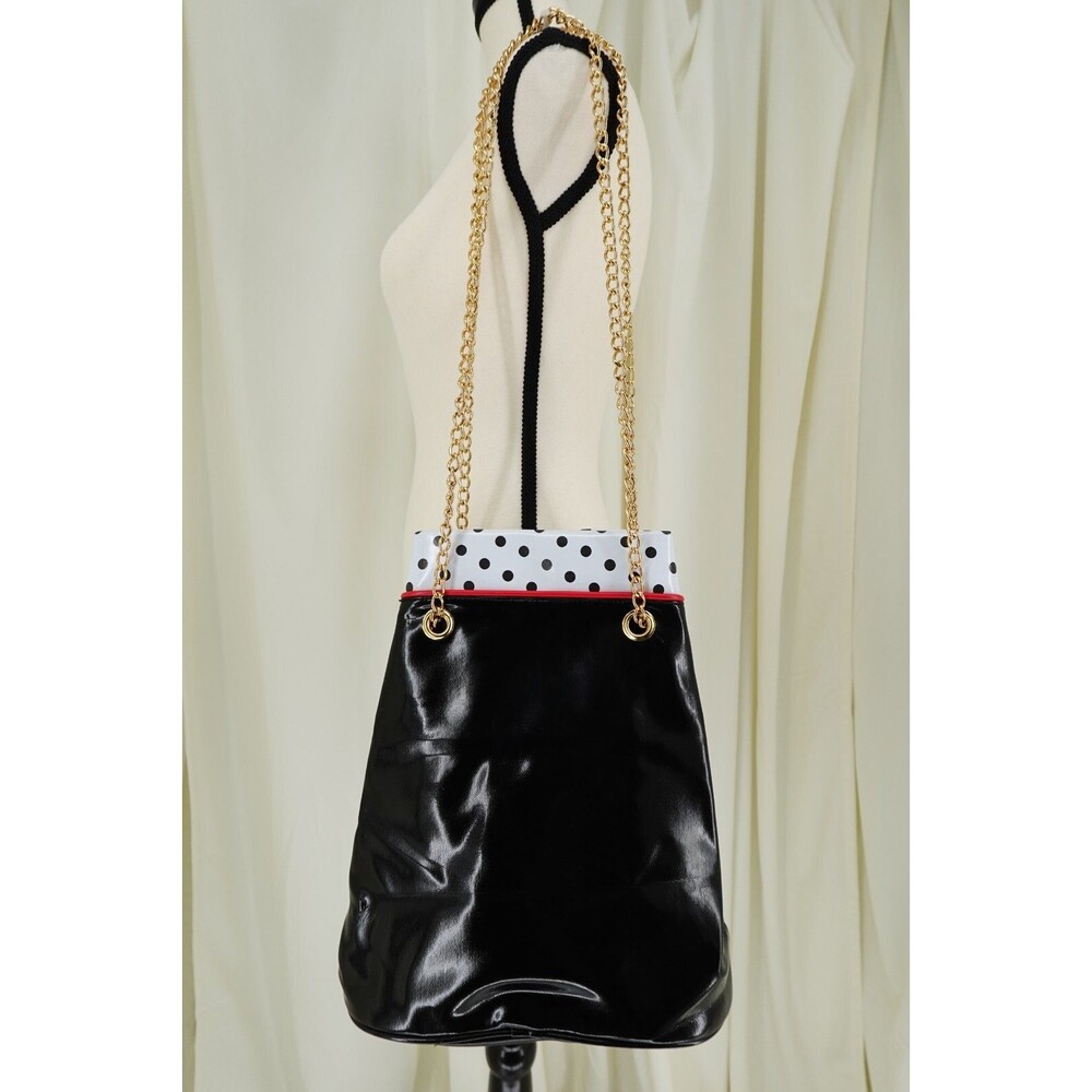 Avon VTG 1992 100% Vinyl Polka Dot Gold Tone Metal Straps Bucket Bag Purse SZ M